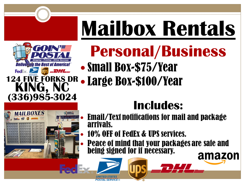Mailbox Rental King, NC Goin Postal
